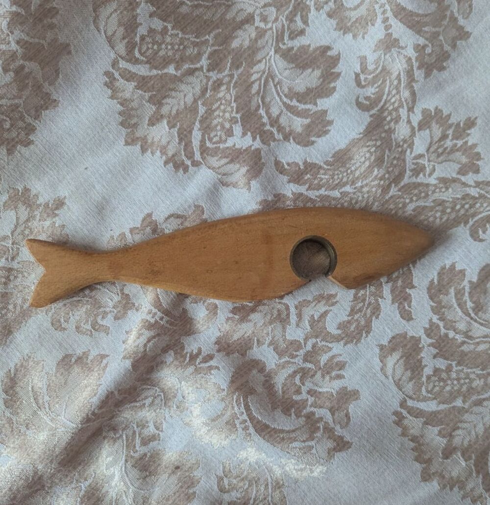 Vintage MCM 1950s Fish Shape Bottle Opener Wood Stainless Steel Bar